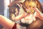  1girl animal_ear_fluff animal_ears arknights bangs bare_shoulders blush breasts brown_hair candy cleavage collarbone commentary_request cutoffs eyebrows_visible_through_hair food fur-trimmed_shorts hair_between_eyes hands_up highres holding_lollipop large_breasts lion lion_ears lion_girl lollipop long_hair looking_at_viewer okoru_ringo open_fly red_shorts shorts sidelocks siege_(arknights) sitting smile solo tank_top unzipped white_tank_top 