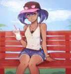  1girl baseball_cap blue_eyes blue_sky bubble_tea cup dark-skinned_female dark_skin denim denim_shorts disposable_cup eyewear_on_headwear gift_art hat on_bench outdoors pokemon pokemon_sm purple_hair shirt shorts signature sina_(pokemon) sitting sky sleeveless sleeveless_shirt solo sunglasses vhkaneweer 