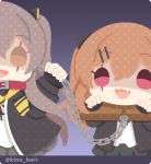  2girls bangs brown_eyes brown_hair chain collar eyebrows_visible_through_hair fang fingerless_gloves girls_frontline gloves hair_between_eyes hair_ornament hairclip jacket kinubari_nerune long_hair multiple_girls open_mouth purple_background scar scar_across_eye shirt skirt smile twintails twitter_username ump45_(girls_frontline) ump9_(girls_frontline) white_shirt 