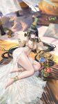  >_< 1girl ancient_egyptian_clothes animal anklet apple armlet barefoot black_cat black_hair blue_eyes bracelet breasts cat character_request closed_mouth crown cup earrings egyptian_art food fruit full_body grapes hair_ornament highres houchi_shoujo jewelry large_breasts leaf leaning_on_self looking_at_viewer lying midriff nail_polish official_art on_bed on_side pale_skin pillow red_nails scarab sideboob smile snake split_mouth swimsuit toenail_polish toenails underboob white_snake 