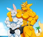  anthro beach big_muscles bulge canid canine clothing duo fennec food fox fur huge_muscles jewelry lagomorph leporid male male/male mammal muscular muscular_male necklace popsicle rabbit seaside size_difference speedo swimwear taiko-sihori white_body white_fur yellow_body yellow_fur 