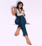  1girl absurdres art2ray artist_name barefoot black_hair brown_eyes brown_hair crossed_legs feet finger fingernails highres jewelry legs nail_polish necklace pants playing_with_own_hair ray-art2.0 red_nails shirt white_shirt 