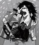  1boy 1girl absurdres chainsaw_man denji_(chainsaw_man) foreshortening gakuran greyscale highres holding holding_instrument holding_maracas indoors instrument karaoke long_hair ma0ma0_0 maracas microphone mifune_fumiko monochrome music school_uniform sharp_teeth short_hair singing spill sweat teeth 