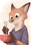  2019 anthro brown_body brown_fur canid canine cheek_tuft chopsticks clothed clothing disney eating facial_tuft food fox fur gloves_(marking) green_eyes holding_food holding_object mammal markings neck_tuft nick_wilde piberius_w red_fox shirt solo t-shirt topwear tuft zootopia 