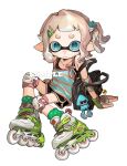  1girl bag_charm black_bag black_shorts blonde_hair blue_camisole blue_eyes camisole charm_(object) closed_mouth commentary dolphin_shorts elbow_pads fingerless_gloves frog_hair_ornament full_body gloves green_gloves green_socks hair_ornament highres inkling inkling_girl inkling_player_character invisible_chair knee_pads looking_at_viewer medium_hair miko_(15476997) multicolored_gloves one_side_up pink_camisole pink_gloves pointy_ears polka_dot polka_dot_socks roller_skates sample_watermark shorts simple_background sitting skates socks solo splatoon_(series) striped_camisole symbol-only_commentary tentacle_hair triangle_hair_ornament watermark white_background white_gloves 