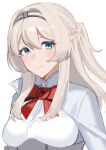  1girl akagi_kurage blue_eyes braid breasts commentary_request flower glorious_(kancolle) grey_hair half_up_braid half_updo headband highres jacket kantai_collection looking_at_viewer medium_breasts red_flower red_rose rose simple_background smile solo upper_body white_background white_jacket 