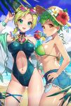  2girls adapted_costume beach bikini_top black_hair blonde_hair blue_sky blush braid braided_ponytail breasts cloud cloudy_sky cowboy_shot crazy_straw cup denim denim_shorts dohyun0305 double_bun drawstring drink drinking_straw eyewear_on_head foo_fighters food fruit green_bikini_top green_eyes green_hair green_nails hand_on_hip heart_straw highres holding holding_cup jojo_no_kimyou_na_bouken kuujou_jolyne large_breasts long_hair looking_at_viewer multicolored_hair multiple_girls navel navel_cutout navel_piercing off-shoulder_jacket one-piece_swimsuit open_mouth orange orange_eyes orange_slice outdoors piercing pink_nails ponytail shiny short_hair short_shorts shorts sideboob signature sky smile star stone_ocean swimsuit transparent_jacket two-tone_hair zipper 