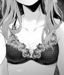  bra breasts collarbone faceless head_out_of_frame highres lace lace-trimmed_bra long_hair medium_breasts monochrome original shiori_(moechin) underwear upper_body 