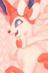  :d blue_eyes creature eyelashes fangs from_side gen_1_pokemon gen_6_pokemon highres looking_at_viewer no_humans open_mouth orcaowl pokemon pokemon_(creature) profile signature smile solo sylveon 