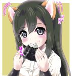 1girl aka_kitsune animal_ears arm_warmers asashio_(kantai_collection) bangs black_hair blush buttons collared_shirt commentary_request dog_ears ear_wiggle eating eyebrows_visible_through_hair food food_on_face green_background grey_eyes hair_between_eyes hands_up holding holding_food kantai_collection kemonomimi_mode long_hair looking_at_viewer motion_lines onigiri rice rice_on_face shirt short_sleeves sidelocks solo suspenders upper_body white_shirt 