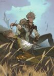  2boys antenna_hair arm_behind_head arm_up armor baseball_bat belt black_boots black_choker black_coat black_gloves black_pants blue_eyes blue_sky blurry blurry_foreground blush boots brown_belt brown_eyes caelus_(honkai:_star_rail) choker closed_mouth cloud cloudy_sky coat crossed_bangs dawnmaker_(honkai:_star_rail) day english_commentary feet_out_of_frame fingerless_gloves fingernails gloves grey_belt grey_hair hair_between_eyes highres honkai:_star_rail honkai_(series) hood hooded_coat jacket leaf long_sleeves looking_at_another looking_up lying male_focus multiple_boys neck_tattoo on_back open_clothes open_coat outdoors pants phainon_(honkai:_star_rail) puffy_long_sleeves puffy_sleeves shirt short_hair shoulder_armor single_glove sitting sky sun_symbol sun_tattoo sword t-shirt tattoo teeth trailblazer_(honkai:_star_rail) two-sided_coat two-sided_fabric weapon weeds weyowang white_jacket white_shirt yellow_coat 