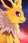  closed_mouth creature from_side gen_1_pokemon jolteon no_humans orcaowl pokemon pokemon_(creature) profile purple_eyes signature smile solo spikes 
