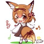  &gt;_o 1girl ;d animal_ear_fluff animal_ears bangs black_footwear blush_stickers brown_dress brown_eyes brown_hair chibi colored_shadow commentary_request dress eighth_note eyebrows_visible_through_hair fang flower fox_ears fox_girl fox_tail full_body hair_between_eyes hair_flower hair_ornament hairclip heart heart_in_eye kneehighs long_sleeves looking_at_viewer looking_to_the_side musical_note nyano21 one_eye_closed one_side_up open_mouth original pink_flower puffy_long_sleeves puffy_sleeves quarter_note red_ribbon ribbon shadow shirt short_hair signature sleeveless sleeveless_dress sleeves_past_wrists smile solo standing standing_on_one_leg star symbol_in_eye tail tail_ribbon treble_clef white_background white_legwear white_shirt x_hair_ornament 