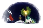  1boy 1girl 1other chinese_commentary cloak commentary death everbloom_(hollow_knight) flower gameplay_mechanics grey_cloak highres holding holding_flower hollow_eyes hollow_knight horned_mask hornet_(hollow_knight) implied_death knight_(hollow_knight) mask needle_(hollow_knight) nine_sols ori_(ori_and_the_blind_forest) ori_and_the_blind_forest rain_world red_cloak slugcat survivor_(rain_world) taoist_rope tree white_flower white_mask xrowling42878 yi_(nine_sols) 