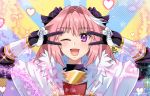  1boy astolfo_(fate) bangs black_bow black_gloves blue_background blush bow braid breastplate breasts cloak double_v emotional_engine_-_full_drive fang fate/apocrypha fate/grand_order fate_(series) fur-trimmed_cloak fur_trim gauntlets gloves hair_between_eyes hair_bow hair_intakes hands_up heart long_braid long_hair long_sleeves looking_at_viewer maroonabyss multicolored_hair one_eye_closed open_mouth otoko_no_ko parody pink_hair purple_eyes sei_shounagon_(fate) single_braid skin_fang smile solo sparkle streaked_hair striped striped_background v white_cloak white_hair yellow_background 