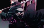  2boys akatsuki_uniform black_coat coat colored_sclera dated forehead_protector green_eyes grey_hair hidan_(naruto) highres holding holding_scythe kakuzu_(naruto) long_sleeves male_focus mask mouth_mask multiple_boys naruto_(series) naruto_shippuuden red_sclera scythe short_hair takigakure_symbol twitter_username unno_24 