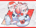  1boy 1girl black_bow black_bowtie blue_eyes bow bowtie closed_eyes closed_mouth collared_shirt commentary_request cup disposable_coffee_cup disposable_cup eyelashes glasses grin griselle_(pokemon) grisham_(pokemon) looking_at_viewer pokemon pokemon_legends:_z-a ponytail sasa_kado_(redbluemoon74) shirt smile teapot tray watermark white-framed_eyewear white_shirt 