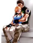  1boy 1girl blonde_hair blush breasts chris_redfield commentary_request fingerless_gloves gloves hug hug_from_behind jewelry jill_valentine large_breasts long_hair looking_at_viewer muscle nagare ponytail resident_evil resident_evil_5 