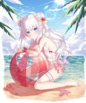  +_+ 1girl alternate_costume alternate_hairstyle azur_lane ball bangs beach beachball blue_eyes blue_sky blush breasts cleavage cloud cloudy_sky commentary_request conch day double_bun eyebrows_visible_through_hair gradient_hair le_malin_(azur_lane) leg_garter looking_at_viewer multicolored_hair nail_polish navel ocean one-piece_swimsuit outdoors palm_leaf pink_nails ribbon sand shadow sidelocks silver_hair sitting sky small_breasts solo starfish sun sunlight swimsuit symbol-shaped_pupils toenail_polish twintails wariza water white_swimsuit wrist_ribbon yozora_(33968397) 