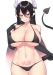  1girl :p bare_shoulders bikini black_bikini black_gloves black_hair blush breasts cleavage demon_girl elbow_gloves gloves heart heart-shaped_pupils horns huge_breasts kuavera long_hair looking_at_viewer mole mole_under_eye navel original pointy_ears raised_eyebrows red_eyes simple_background smile solo succubus swimsuit symbol-shaped_pupils tattoo tongue tongue_out very_long_hair white_background 