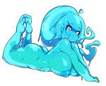  absurd_res big_breasts blue_body blue_eyes blue_skin breasts butt female goo_creature hair hi_res humanoid lying monster_girl_(genre) nipples not_furry nude on_front short_hair simple_background slugbox smile solo white_background 