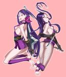  2girls arm_guards ass bangs bare_shoulders blush breasts closed_mouth commentary_request fingerless_gloves fishnets full_body gloves hair_ribbon highres holding holding_weapon honjou_raita long_hair looking_back multiple_girls ninja open_mouth original pink_background purple_hair reverse_grip ribbon shiny shiny_clothes shiny_hair shiny_skin sideboob simple_background sleeveless small_breasts smile thighs toes weapon 