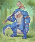 4_fingers anthro armpitcore420 blue_body blue_scales blue_tail claws featureless_crotch fingers hi_res holding_object holding_weapon kroxigor open_mouth scales scalie sharp_teeth solo teeth warhammer_(franchise) warhammer_fantasy weapon weapon_on_shoulder 