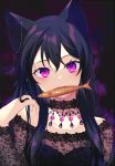  1girl achiki animal_ears black_background black_dress black_hair brooch cat_ears cat_girl choker dress earrings fish hand_up jewelry long_hair looking_at_viewer mouth_hold original purple_eyes purple_theme see-through slit_pupils solo upper_body 