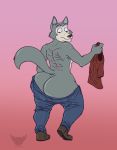  2020 anthro basicbiscuit beastars big_butt butt canid canine canis clothed clothing facial_scar fur grey_body grey_fur hi_res holding_clothing legoshi_(beastars) male mammal pants_down partially_clothed scar shirt simple_background topless topwear wolf 