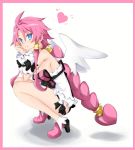  1girl ahoge blue_eyes border braid breasts disgaea full_body hair_tubes heart iwasi-r large_breasts long_hair looking_at_viewer makai_senki_disgaea_4 pink_border pink_hair sidelocks simple_background smile solo squatting vulcanus_(disgaea_4) white_background wings 