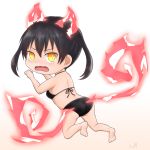  1girl ass back bangs barefoot beige_background bikini black_bikini black_hair blush breasts chibi en&#039;en_no_shouboutai eyebrows_behind_hair facing_viewer fiery_ears fiery_tail fire from_behind fujito_(call_f_) full_body gradient gradient_background hair_between_eyes highres looking_at_viewer medium_breasts midriff no_jacket no_pants no_shoes open_mouth outline paw_pose sidelocks signature simple_background solo swimsuit tail tamaki_kotatsu tears two_side_up wavy_mouth white_background yellow_eyes 