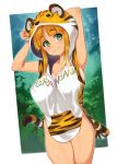  1girl ahoge animal_ears animal_hood animal_print armpits arms_up bangs blush breasts bush commentary_request green_eyes hood hoodie large_breasts long_hair looking_at_viewer orange_hair original ryoji_(nomura_ryouji) sideboob sleeveless sleeveless_hoodie smile solo tail thighhighs tiger_ears tiger_print tiger_tail toranoana wet 