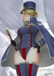 1girl aircraft ariverkao black_gloves blonde_hair blue_eyes breasts cloak closed_mouth dated dirigible gloves hand_on_hip hat large_breasts leotard lips looking_to_the_side original patreon_logo short_hair signature silhouette solo thighhighs uniform watermark web_address 