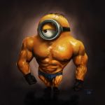  1boy abs balding black_gloves black_hair blue_shorts brown_eyes bulge cherushi clenched_hands commentary cyclops despicable_me english_commentary full_body gloves goggles male_focus manly minion_(despicable_me) muscle one-eyed pectorals shiny shiny_skin shirt short_shorts shorts solo veins what yellow_skin 