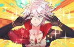  1boy bangs black_bodysuit blue_eyes bodysuit center_opening chain chest_jewel closed_mouth double_v emotional_engine_-_full_drive eyeshadow fate/apocrypha fate/grand_order fate_(series) hair_between_eyes hands_up heterochromia karna_(fate) makeup parody popped_collar red_eyes red_eyeshadow sagta_panggang sei_shounagon_(fate) short_hair solo sparkle star v white_hair yellow_background 