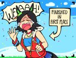  1girl animal_ears arrow_(symbol) bandeau black_hair blue_bandeau blue_skirt blue_sky blue_sports_bra blush blush_stickers breasts closed_eyes commentary confetti crying english_commentary english_text facing_viewer hair_ornament hairclip hood hoodie horse_ears horse_girl horse_tail jacket lilpoplil2468 low-cut_armhole open_mouth parted_bangs red_jacket short_hair skirt sky sleeveless sleeveless_hoodie sleeveless_jacket solo speech_bubble sports_bra tail tears umamusume waving winning_ticket_(get_to_winning!)_(umamusume) winning_ticket_(umamusume) wristband 