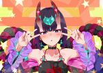  +_+ 1girl bangs bare_shoulders blush breasts chinese_clothes choker clothes_writing collarbone detached_sleeves double_v dudou earrings emotional_engine_-_full_drive eyeliner fate/grand_order fate_(series) forehead_jewel hands_up headpiece horns jewelry looking_at_viewer low_twintails makeup nagatani_(nagata2) oni oni_horns open_mouth orange_background parody purple_eyes purple_hair rope sash sei_shounagon_(fate) short_eyebrows short_hair short_twintails shuten_douji_(fate/grand_order) shuten_douji_(halloween_caster)_(fate) skin-covered_horns small_breasts solo star star_print symbol-shaped_pupils torii twintails v 