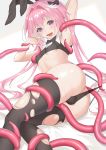  1boy absurdres astolfo_(saber)_(fate) black_legwear black_panties blush bow bowtie covered_nipples crop_top erection fang fate/grand_order fate_(series) hair_between_eyes highres hongye_feixue long_hair male_focus open_mouth otoko_no_ko panties pink_hair purple_eyes solo sweat tentacles tentacles_with_male thighhighs torn_clothes torn_legwear twintails underwear white_hair 
