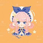  1girl bare_shoulders beret blue_bow blue_bowtie blue_choker blue_eyes blue_gemstone blue_shirt blue_sleeves blush_stickers bow bow_choker bowtie brooch bubbly_voyage_(infinity_nikki) chibi chinese_commentary choker collared_shirt commentary_request cropped_torso detached_sleeves dot_nose eyelashes eyes_visible_through_hair fang frilled_choker frilled_sleeves frills gem hair_ornament hair_rings hairclip happy hat hat_bow hat_ornament highres infinity_nikki jewelry merchandise_available motion_lines nikki_(nikki) nikki_(series) open_mouth orange_background pink_hair rabbit_hair_ornament sample_watermark shirt short_hair_with_long_locks short_sleeves sidelocks simple_background skin_fang smile solo star_(symbol) star_choker star_hat_ornament straight-on strapless strapless_shirt tareme too_many_watermarks watermark watermark_grid wavy_hair white_hat yuyan-0210 