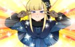  1girl bangs blonde_hair blue_eyes blush commentary_request double_v eyebrows_visible_through_hair fate/grand_order fate_(series) flower fur_collar gloves grey_flower hair_flower hair_ornament hat highres long_hair long_sleeves looking_at_viewer reines_el-melloi_archisorte sei_shounagon_(fate) smile solo soxkyo v 
