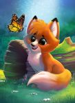  :d brown_eyes bug butterfly chibi commentary day disney english_commentary eric_proctor fangs flying fox grass happy insect open_mouth outdoors sitting smile the_fox_and_the_hound tod_(the_fox_and_the_hound) 