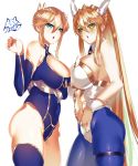  2girls :o animal_ears artoria_pendragon_(all) artoria_pendragon_(lancer) artoria_pendragon_(swimsuit_ruler)_(fate) bangs bare_shoulders blonde_hair blue_eyes blue_legwear blue_leotard blue_nails blue_neckwear braid breasts bunny_ears bunnysuit cleavage_cutout crown detached_collar detached_sleeves eyebrows_visible_through_hair fate/grand_order fate_(series) fishnet_legwear fishnets french_braid from_side green_eyes hair_between_eyes highleg highleg_leotard highres kurosawa_(hjkl42332) large_breasts leotard multiple_girls navel_cutout open_mouth sideboob sidelocks standing swept_bangs thigh_strap thighhighs thighs white_leotard wrist_cuffs 