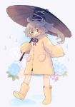  1girl ashiyu_(ashu-ashu) black_headwear black_neckwear blush_stickers boots fang floral_background full_body grey_hair hat highres holding holding_umbrella long_hair mononobe_no_futo neck_ribbon open_mouth oriental_umbrella ponytail puddle raincoat ribbon rubber_boots sleeves_past_fingers sleeves_past_wrists solo tate_eboshi thick_eyebrows touhou umbrella walking water_drop yellow_coat yellow_eyes yellow_footwear 