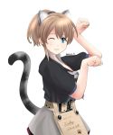  1girl :3 animal_ears apron black_shirt blue_eyes brown_hair cat_day cat_ears cat_tail english_text grey_skirt highres intrepid_(kantai_collection) kantai_collection kuroneko86 looking_at_viewer multicolored_neckwear one_eye_closed paw_pose paw_print ponytail shirt short_hair simple_background skirt solo tail white_background 