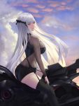  1girl absurdres beak_(girls_frontline) bike_shorts biker_clothes breasts girls_frontline ground_vehicle hairband highres long_hair looking_at_viewer motor_vehicle motorcycle red_eyes shorts silver_hair simple_background solo thighhighs un_lim 