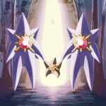  colored_skin commentary_request evolutionary_line full_body gem highres holding_hands long_legs mega_pokemon mega_starmie no_eyes no_humans pokemon pokemon_(creature) pokemon_focus pokemon_legends:_z-a purple_skin red_gemstone starfish starmie staryu tori_(torisan_pokemon) 