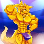  1:1 anthro big_muscles bulge canid canine clothing fennec fox fur hi_res huge_muscles jewelry male mammal muscular muscular_male necklace pole solo speedo stripper swimwear taiko-sihori yellow_body yellow_fur 