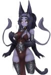  1girl animal_ears barbariank black_fur black_hair black_sclera blush breasts commentary cowboy_shot displacer_beast dungeons_and_dragons english_commentary extra_arms flying_sweatdrops forehead fur medium_breasts monster_girl no_panties paws pelvic_curtain personification ponytail purple_skin simple_background slit_pupils solo tail tentacles thick_eyebrows thighhighs white_background yellow_eyes 