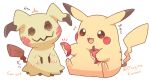  animal_focus apple blush commentary_request food fruit holding holding_food holding_fruit mimikyu mugita_konomi musical_note no_humans open_mouth pikachu pokemon pokemon_(creature) pokemon_focus simple_background sitting smile sweat tail white_background 
