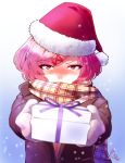  1girl bangs blurry_foreground blush box brown_coat coat commentary covered_mouth doki_doki_literature_club eyebrows_visible_through_hair eyes_visible_through_hair fur_trim gift gift_box hair_ornament hairclip hat highres imucy incoming_gift looking_at_viewer mittens natsuki_(doki_doki_literature_club) nose_blush outstretched_arms pink_eyes pink_hair plaid plaid_scarf pom_pom_(clothes) santa_hat scarf snow snowing solo swept_bangs symbol_commentary v-shaped_eyebrows winter_clothes 